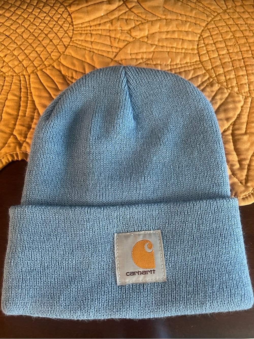 Carhartt Sky Blue Cuffed Knit Beanie with Yellow Logo